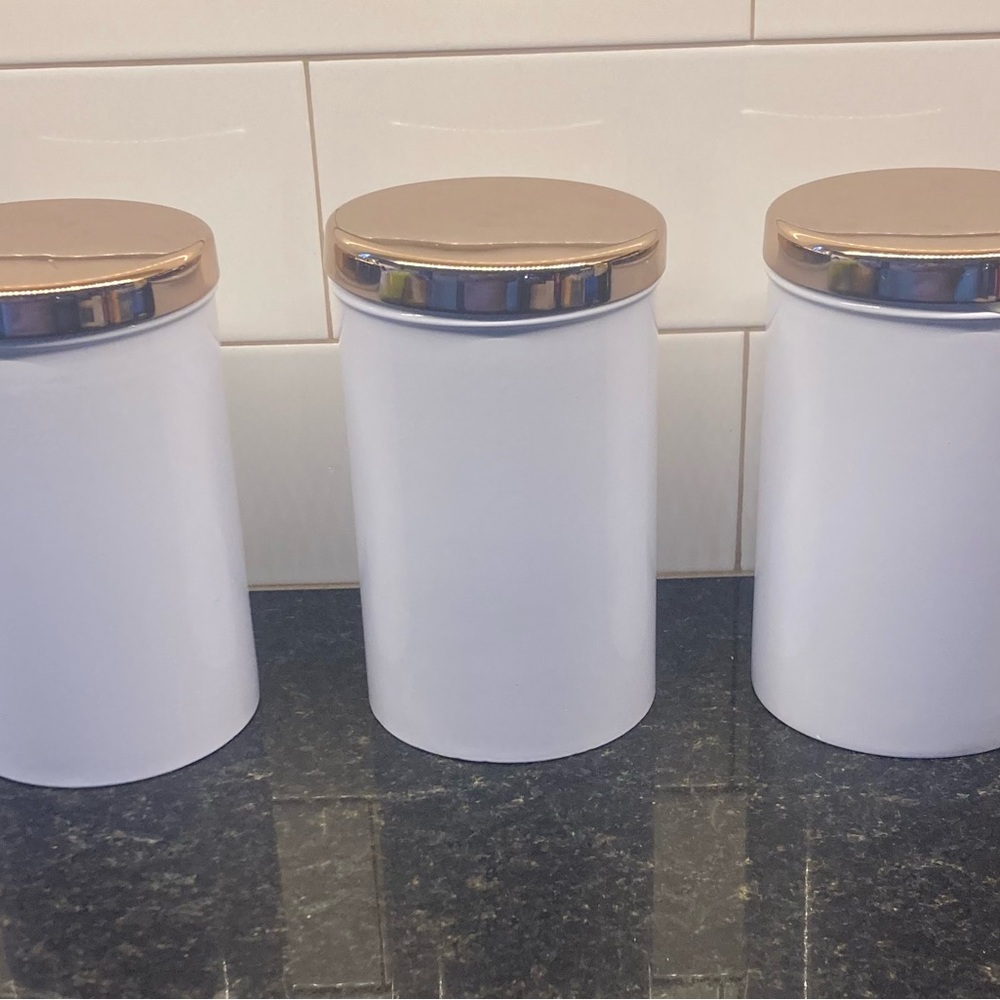 Uncommon James Set of 3 White Canisters Set With Gold Copper Lids